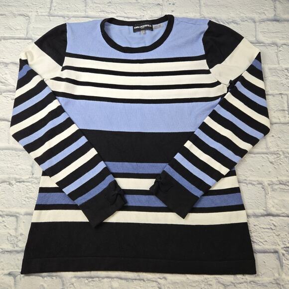 Karl Lagerfeld Paris Lightweight Silky Stripe Sweater Bows on Cuffs size Medium - Picture 1 of 9